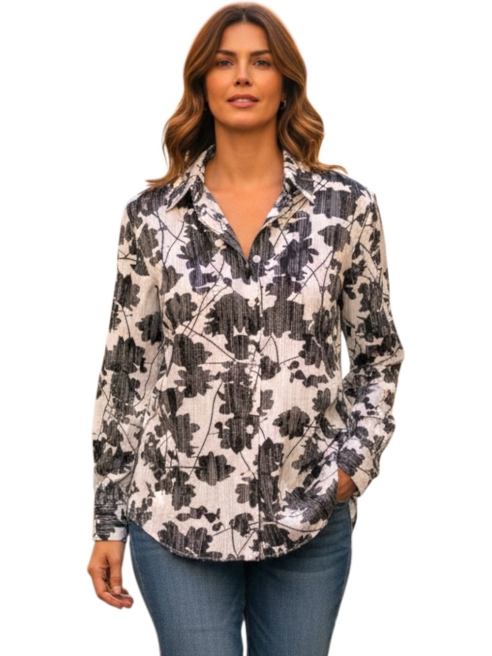 Olsen Europe White/Black Floral Abstract Print Long Sleeve Blouse (S)